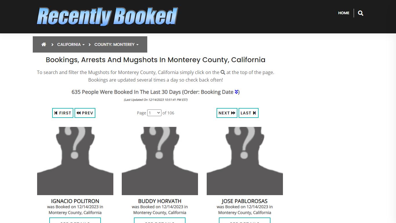 Bookings, Arrests and Mugshots in Monterey County, California