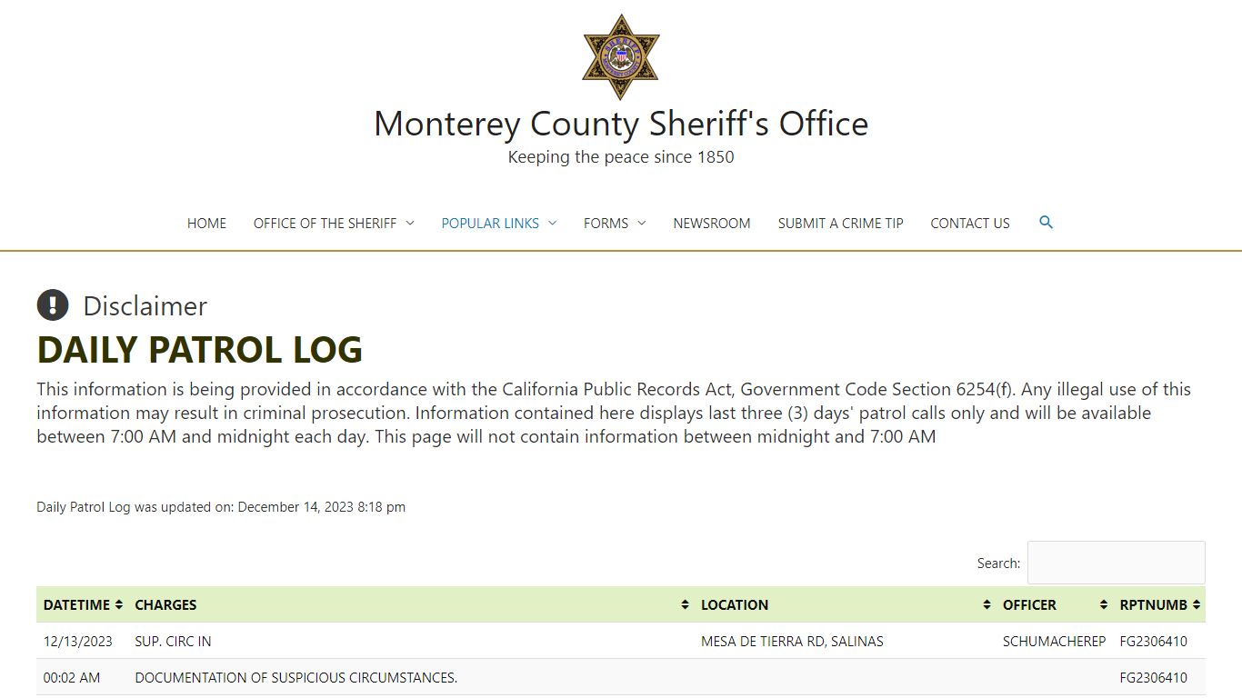 DAILY PATROL LOG – Monterey County Sheriff's Office